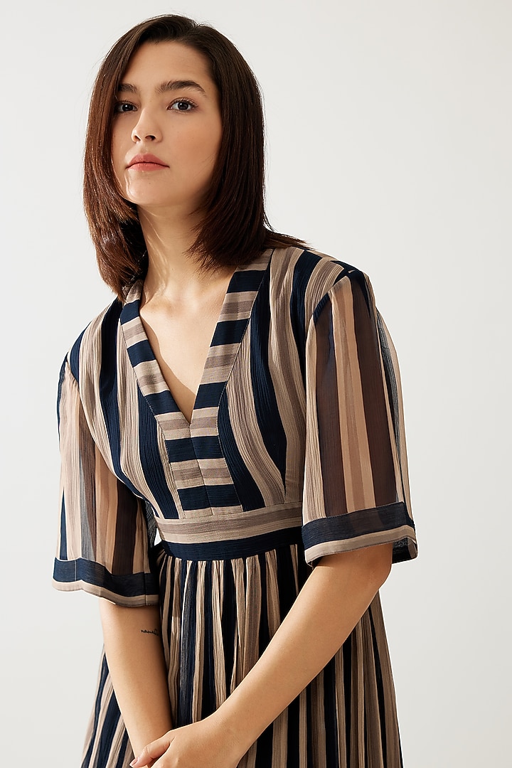 Dark Green & Beige Chiffon Stripe Printed Maxi Vacation Dress by Koai at Pernia's Pop Up Shop
