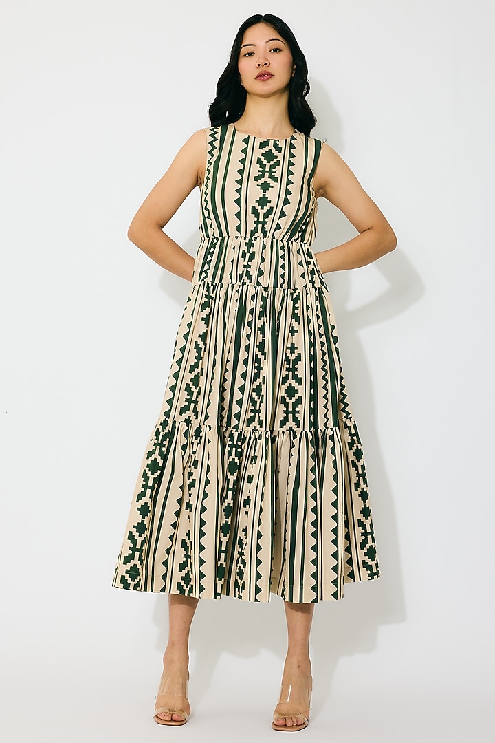 Cream & Green Poplin Cotton Pattern Midi Summer Dress by Koai at Pernia's Pop Up Shop