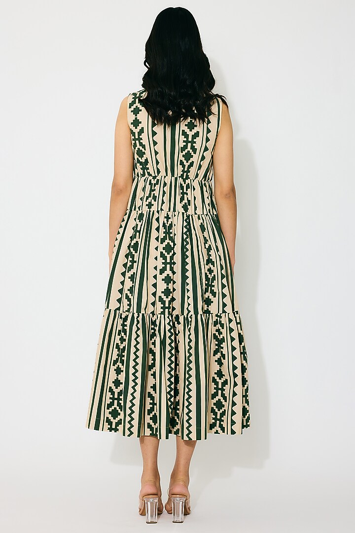 Cream & Green Poplin Cotton Pattern Midi Summer Dress by Koai at Pernia's Pop Up Shop