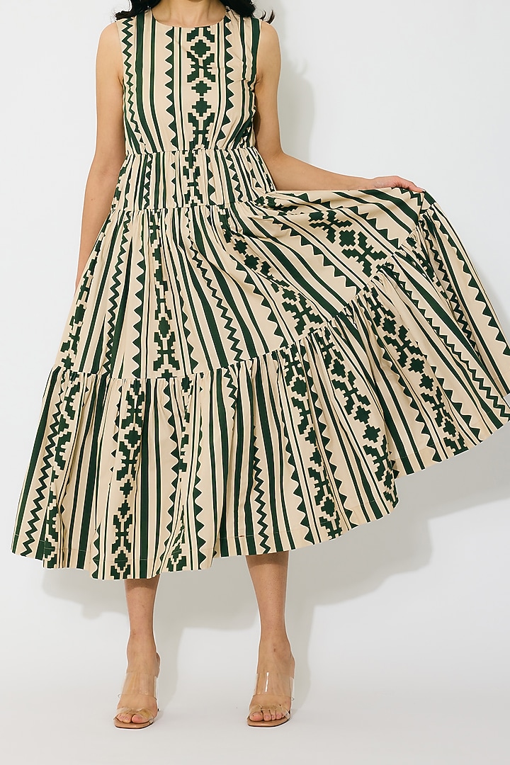 Cream & Green Poplin Cotton Pattern Midi Summer Dress by Koai at Pernia's Pop Up Shop