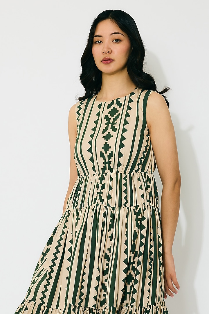 Cream & Green Poplin Cotton Pattern Midi Summer Dress by Koai at Pernia's Pop Up Shop