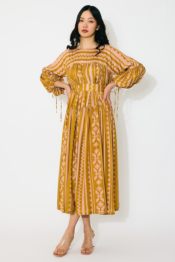Mustard & Peach Cotton Silk Pattern Midi Summer Dress by Koai at Pernia's Pop Up Shop