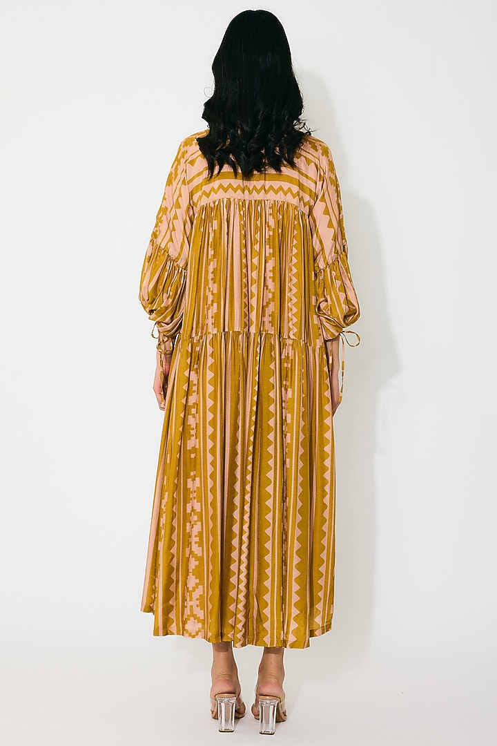 Mustard & Peach Cotton Silk Pattern Midi Summer Dress by Koai at Pernia's Pop Up Shop