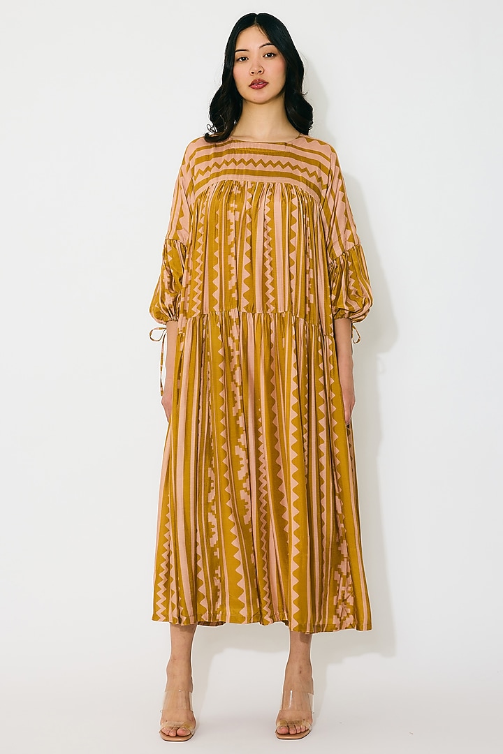 Mustard & Peach Cotton Silk Pattern Midi Summer Dress by Koai at Pernia's Pop Up Shop