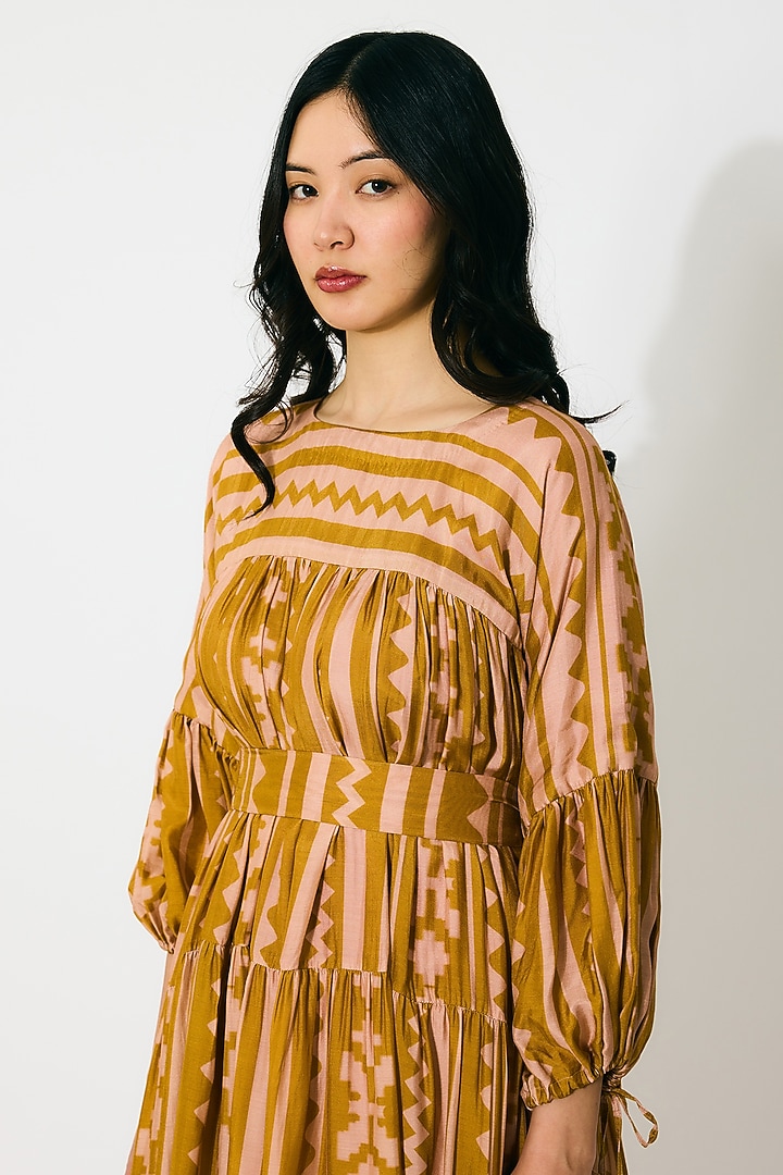 Mustard & Peach Cotton Silk Pattern Midi Summer Dress by Koai at Pernia's Pop Up Shop