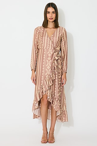 Peach & Cream Cotton Silk Pattern Wrap Dress by Koai