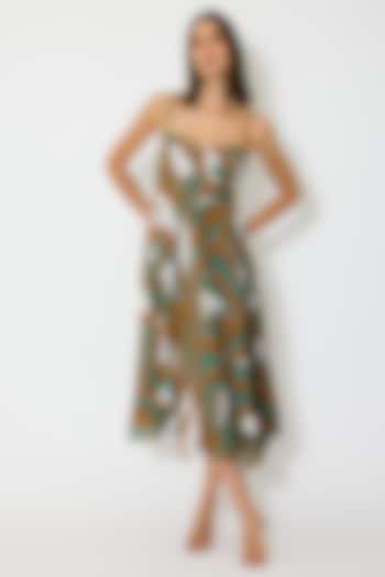 Green & Brown Muslin Cotton Silk Pattern Midi Vacation Dress by Koai at Pernia's Pop Up Shop