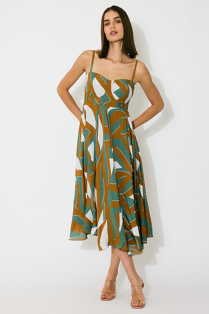 Green & Brown Muslin Cotton Silk Pattern Midi Vacation Dress by Koai at Pernia's Pop Up Shop