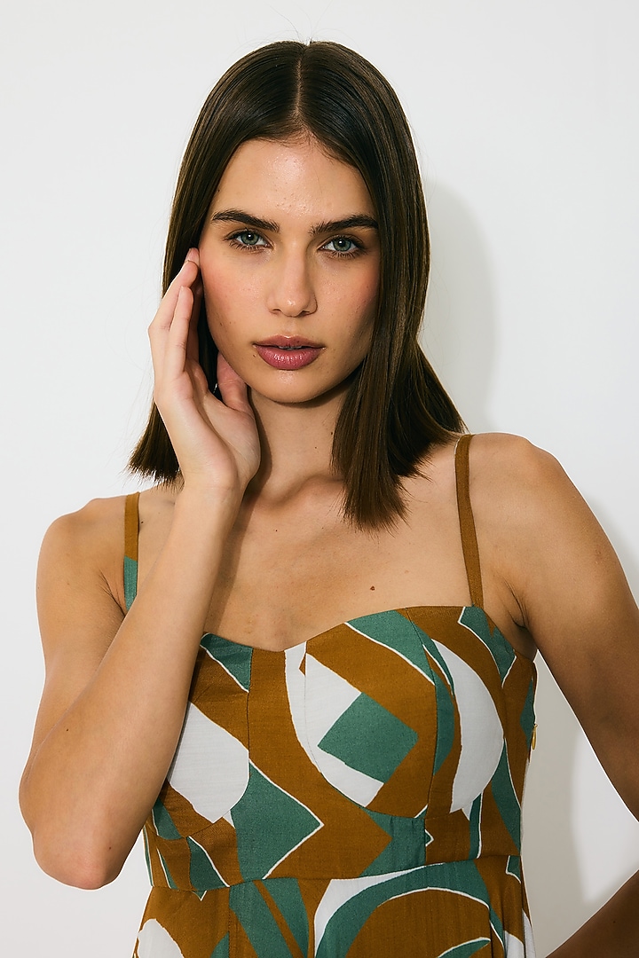 Green & Brown Muslin Cotton Silk Pattern Midi Vacation Dress by Koai at Pernia's Pop Up Shop
