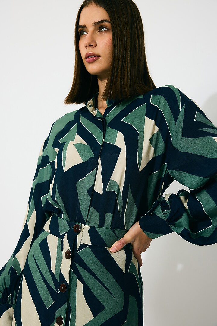 Green & Indigo Muslin Cotton Silk Pattern Shirt by Koai at Pernia's Pop Up Shop