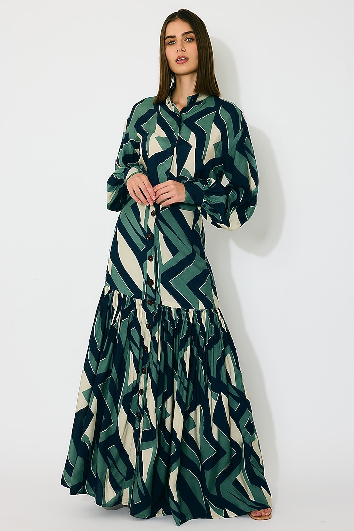 Green & Indigo Muslin Cotton Silk Pattern Skirt by Koai at Pernia's Pop Up Shop
