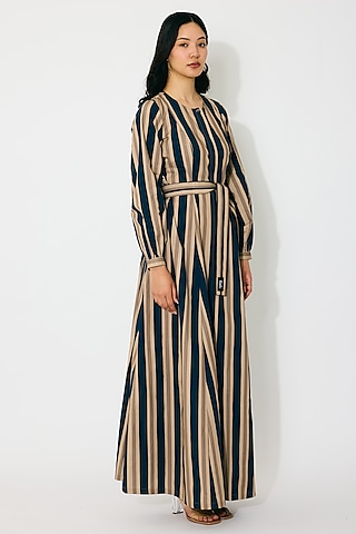 Dark Blue & Beige Poplin Cotton Stripe Shirt Dress by Koai
