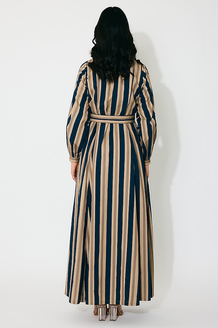 Dark Blue & Beige Poplin Cotton Stripe Shirt Vacation Dress by Koai at Pernia's Pop Up Shop