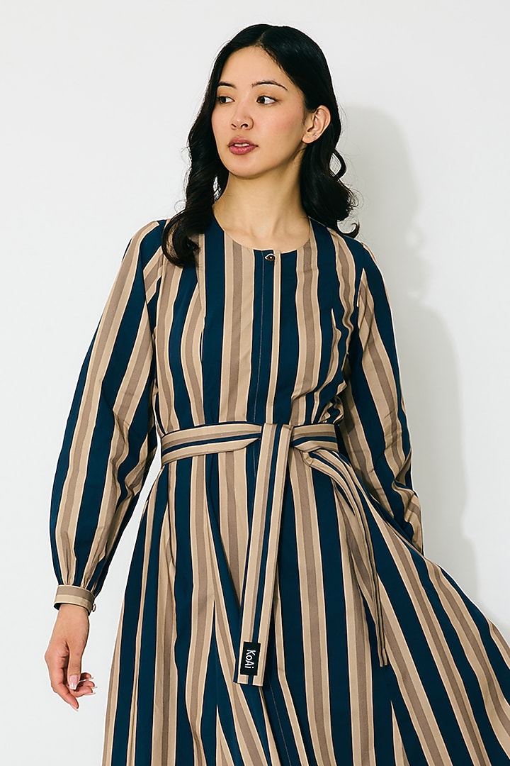 Dark Blue & Beige Poplin Cotton Stripe Shirt Vacation Dress by Koai at Pernia's Pop Up Shop