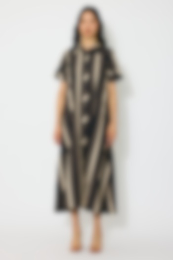 Dark Blue & Beige Poplin Cotton Stripe Shirt Summer Dress by Koai at Pernia's Pop Up Shop