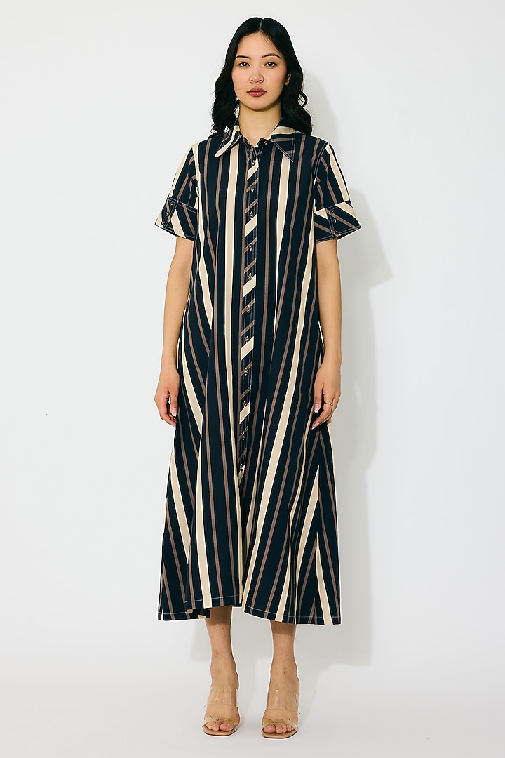 Dark Blue & Beige Poplin Cotton Stripe Shirt Summer Dress by Koai at Pernia's Pop Up Shop