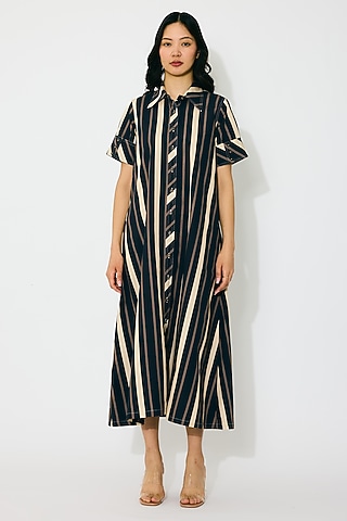 Dark Blue & Beige Poplin Cotton Stripe Shirt Dress by Koai