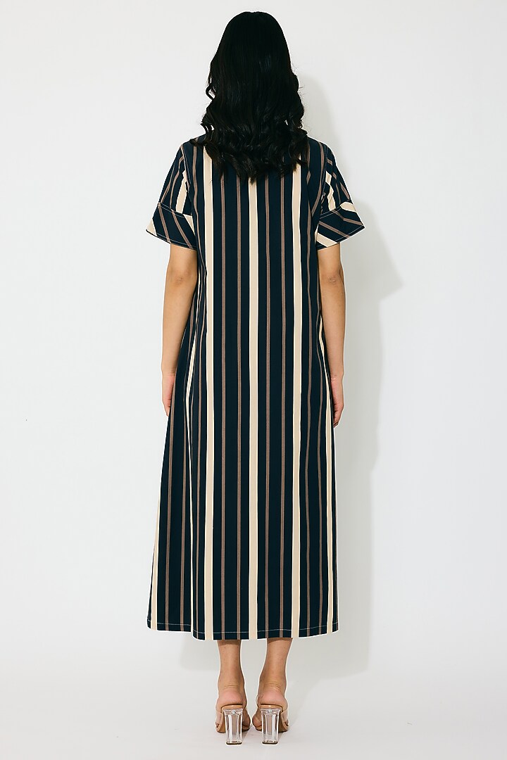 Dark Blue & Beige Poplin Cotton Stripe Shirt Summer Dress by Koai at Pernia's Pop Up Shop