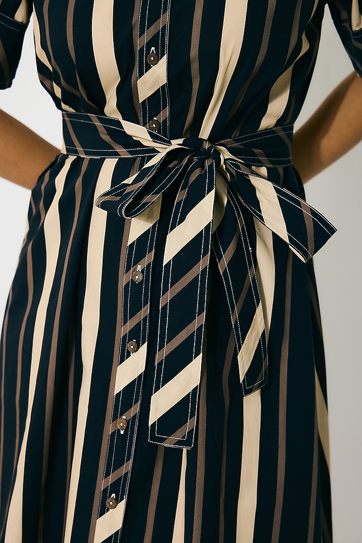 Dark Blue & Beige Poplin Cotton Stripe Shirt Summer Dress by Koai at Pernia's Pop Up Shop