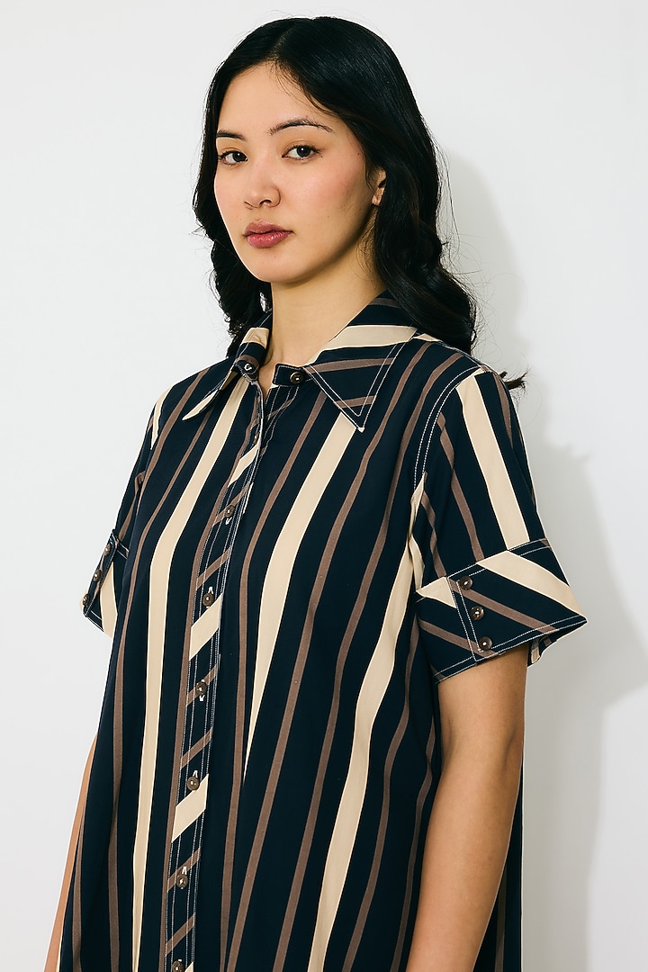 Dark Blue & Beige Poplin Cotton Stripe Shirt Summer Dress by Koai at Pernia's Pop Up Shop