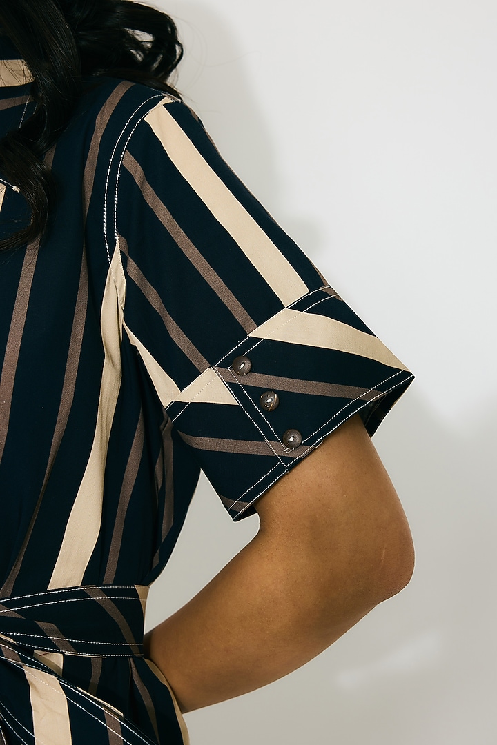 Dark Blue & Beige Poplin Cotton Stripe Shirt Summer Dress by Koai at Pernia's Pop Up Shop