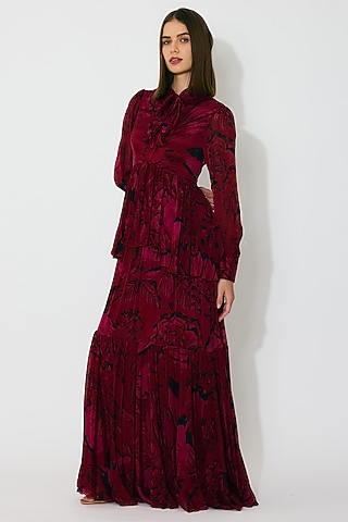 Hot Pink & Black Chiffon Floral Maxi Dress by Koai