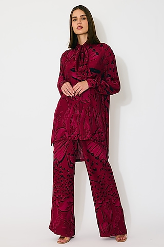 Hot Pink & Black Muslin Cotton Silk Floral Bow Pants by Koai