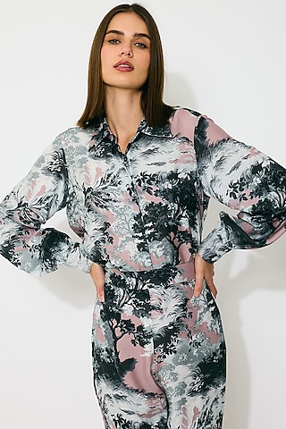 Grey & White Muslin Cotton Silk Printed Shirt by Koai