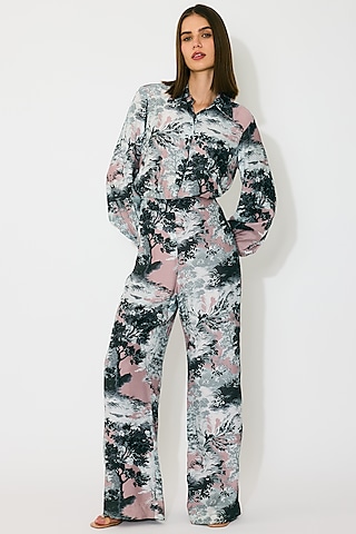 Grey & White Muslin Cotton Silk Printed Pants by Koai