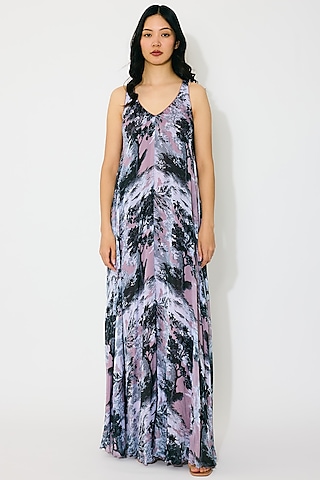 Grey & White Chiffon Printed Maxi Dress by Koai