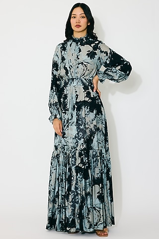 Grey & Black Muslin Cotton Silk Printed Maxi Shirt Dress by Koai