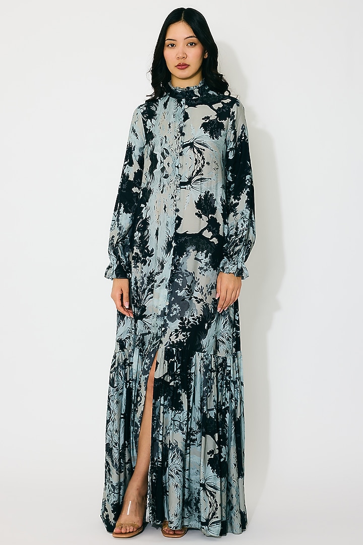 Grey & Black Muslin Cotton Silk Printed Maxi Shirt Vacation Dress by Koai at Pernia's Pop Up Shop