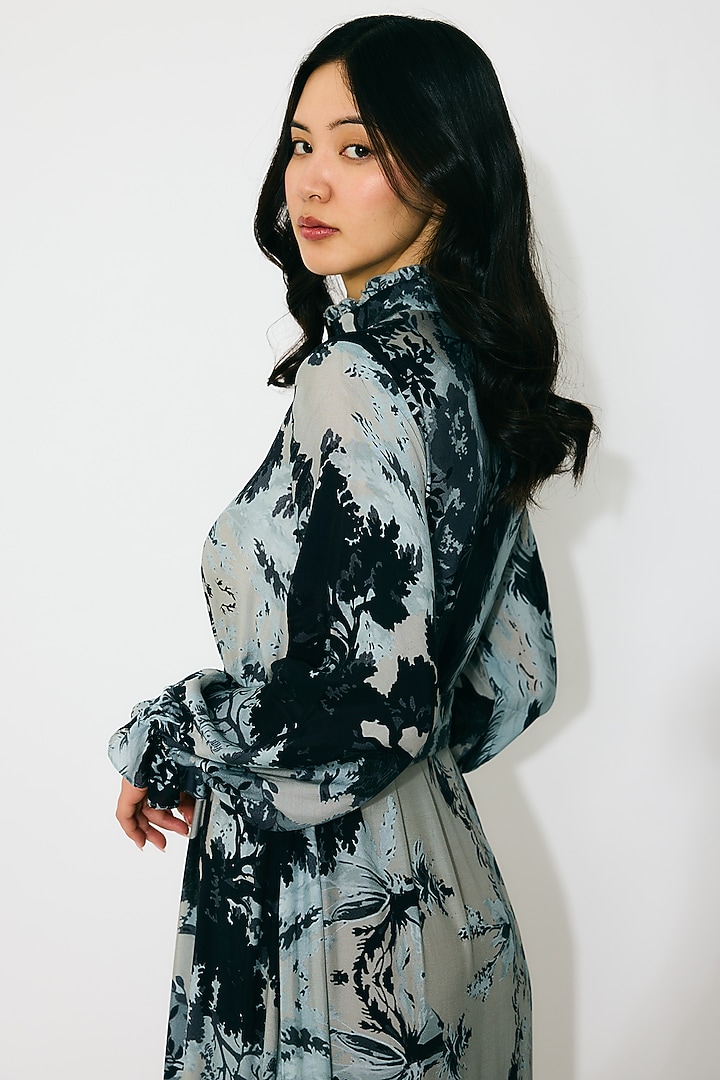 Grey & Black Muslin Cotton Silk Printed Maxi Shirt Vacation Dress by Koai at Pernia's Pop Up Shop