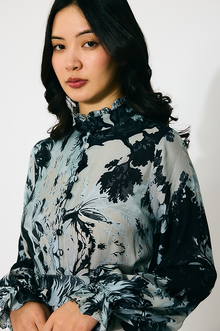 Grey & Black Muslin Cotton Silk Printed Maxi Shirt Vacation Dress by Koai at Pernia's Pop Up Shop