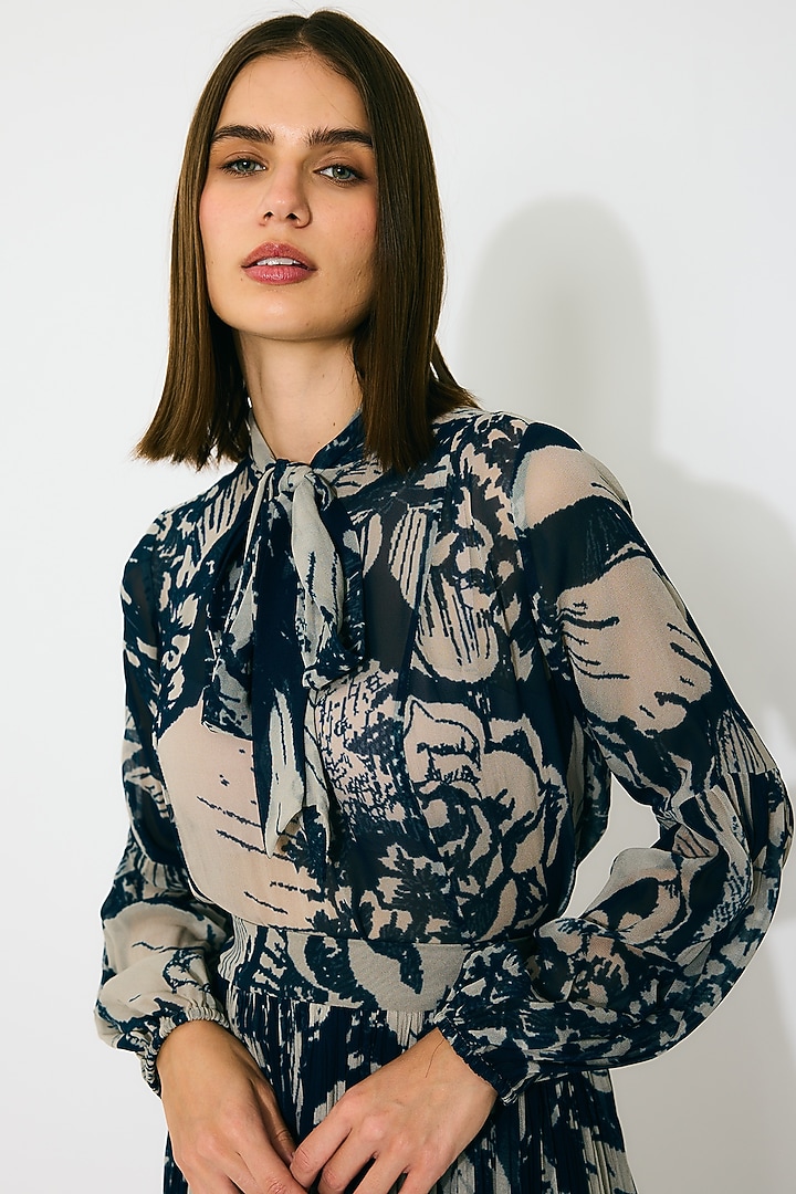 Blue & Beige Georgette Floral Bow-Tie Shirt by Koai at Pernia's Pop Up Shop