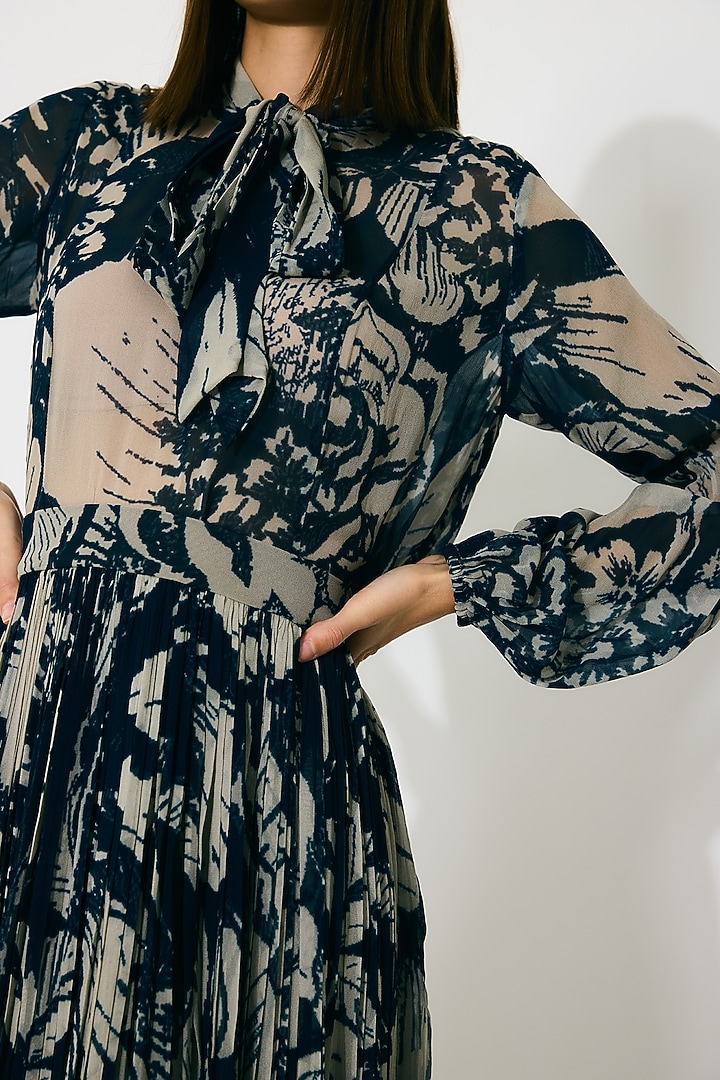 Blue & Beige Georgette Floral Bow-Tie Shirt by Koai at Pernia's Pop Up Shop