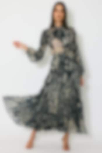 Blue & Beige Georgette Floral Crinkled Skirt by Koai at Pernia's Pop Up Shop