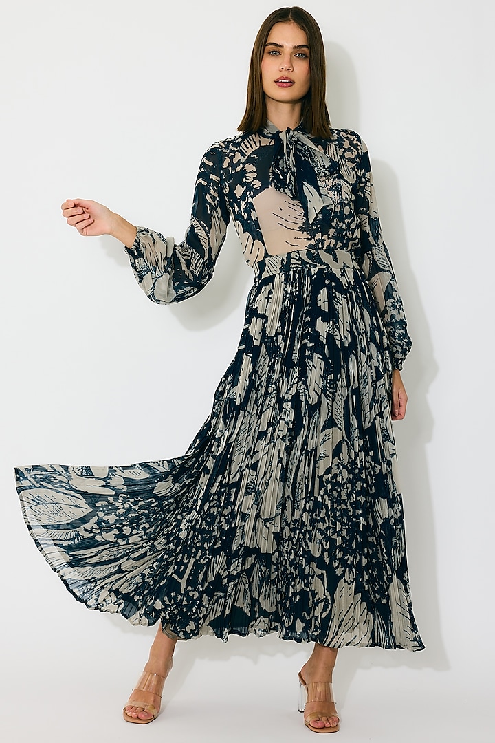 Blue & Beige Georgette Floral Crinkled Skirt by Koai at Pernia's Pop Up Shop