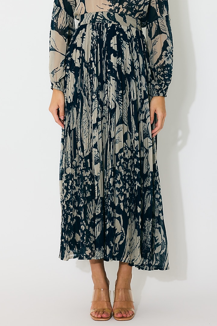 Blue & Beige Georgette Floral Crinkled Skirt by Koai at Pernia's Pop Up Shop