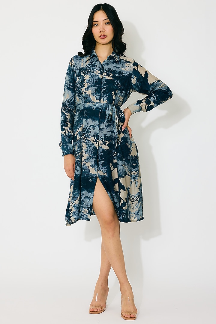 Blue & Indigo Muslin Cotton Silk Printed Shirt Summer Dress by Koai at Pernia's Pop Up Shop