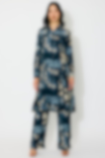 Blue & Indigo Muslin Cotton Silk Printed Long Shirt by Koai at Pernia's Pop Up Shop