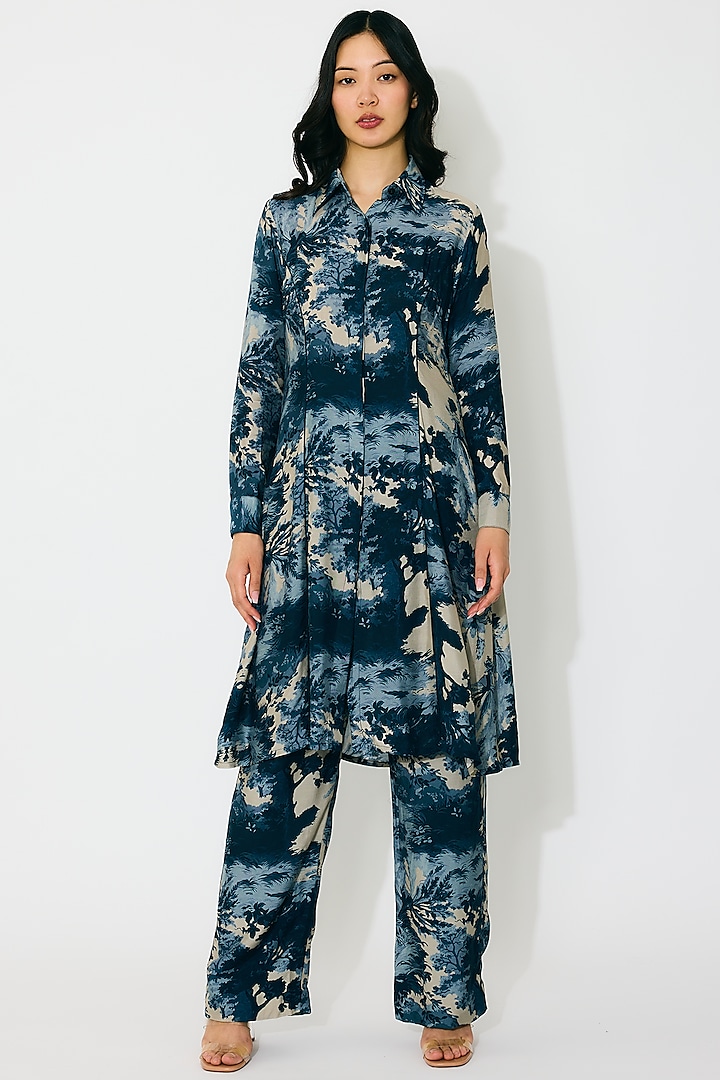 Blue & Indigo Muslin Cotton Silk Printed Long Shirt by Koai at Pernia's Pop Up Shop