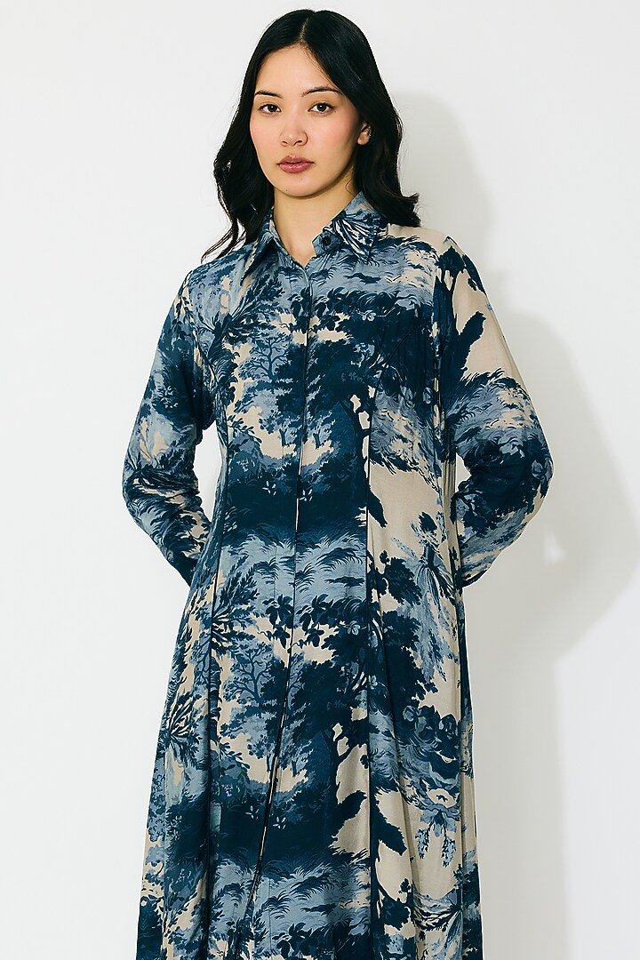 Blue & Indigo Muslin Cotton Silk Printed Long Shirt by Koai at Pernia's Pop Up Shop