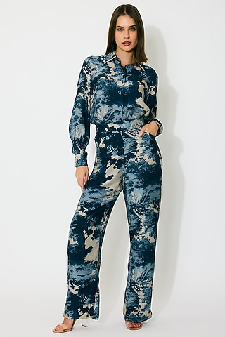 Blue & Indigo Muslin Cotton Silk Printed Pants by Koai
