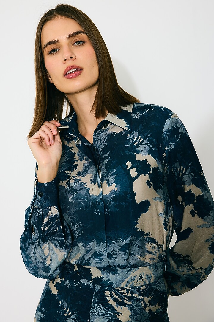 Blue & Indigo Muslin Cotton Silk Printed Shirt by Koai at Pernia's Pop Up Shop