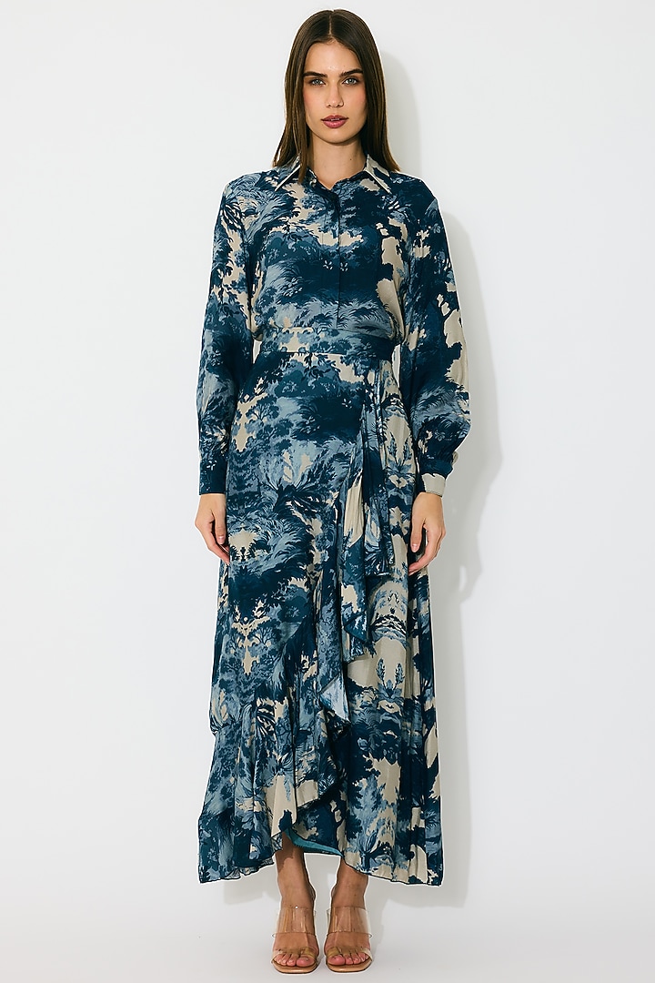 Blue & Indigo Muslin Cotton Silk Printed Wrap Skirt by Koai at Pernia's Pop Up Shop