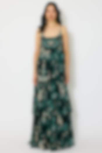 Dark Green & Mint Georgette Printed Maxi Vacation Dress by Koai at Pernia's Pop Up Shop