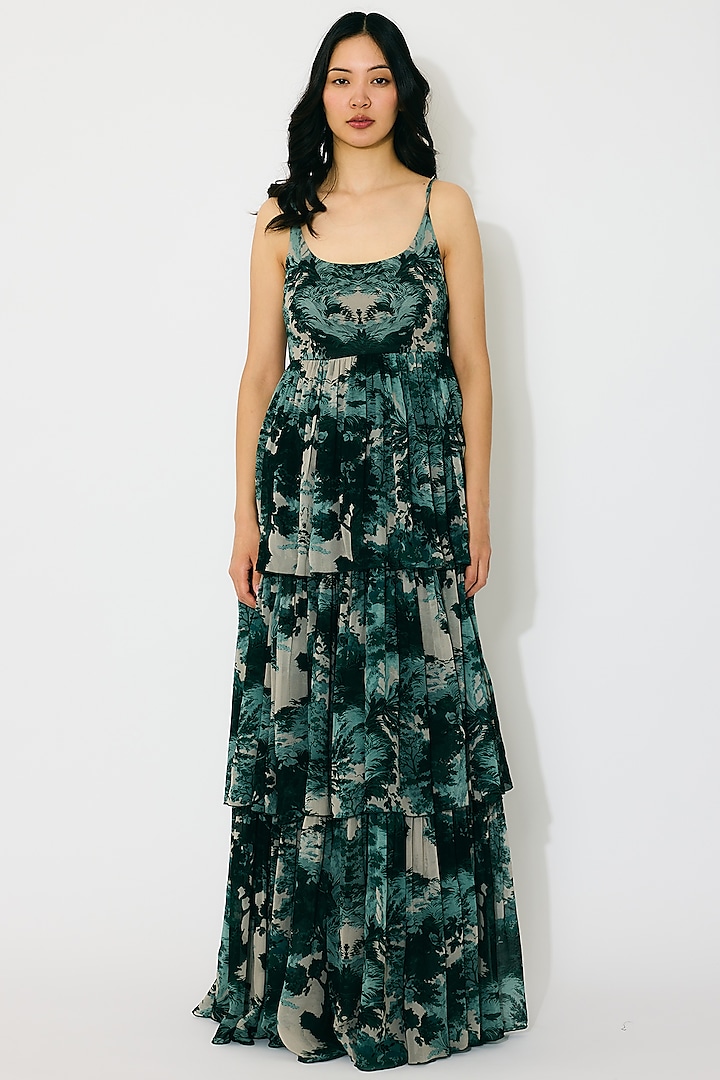 Dark Green & Mint Georgette Printed Maxi Vacation Dress by Koai at Pernia's Pop Up Shop