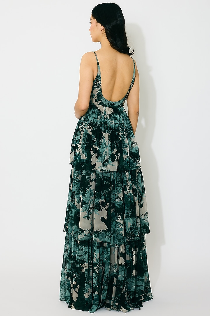 Dark Green & Mint Georgette Printed Maxi Vacation Dress by Koai at Pernia's Pop Up Shop