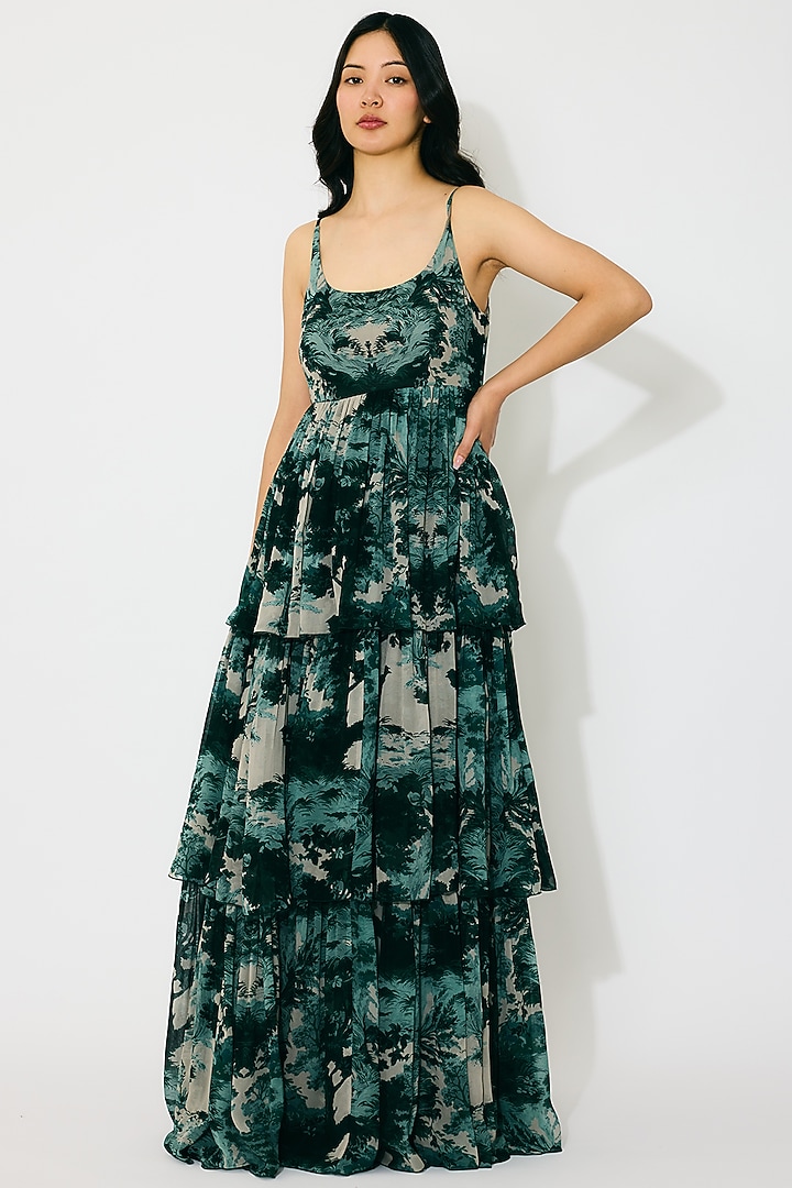 Dark Green & Mint Georgette Printed Maxi Vacation Dress by Koai at Pernia's Pop Up Shop